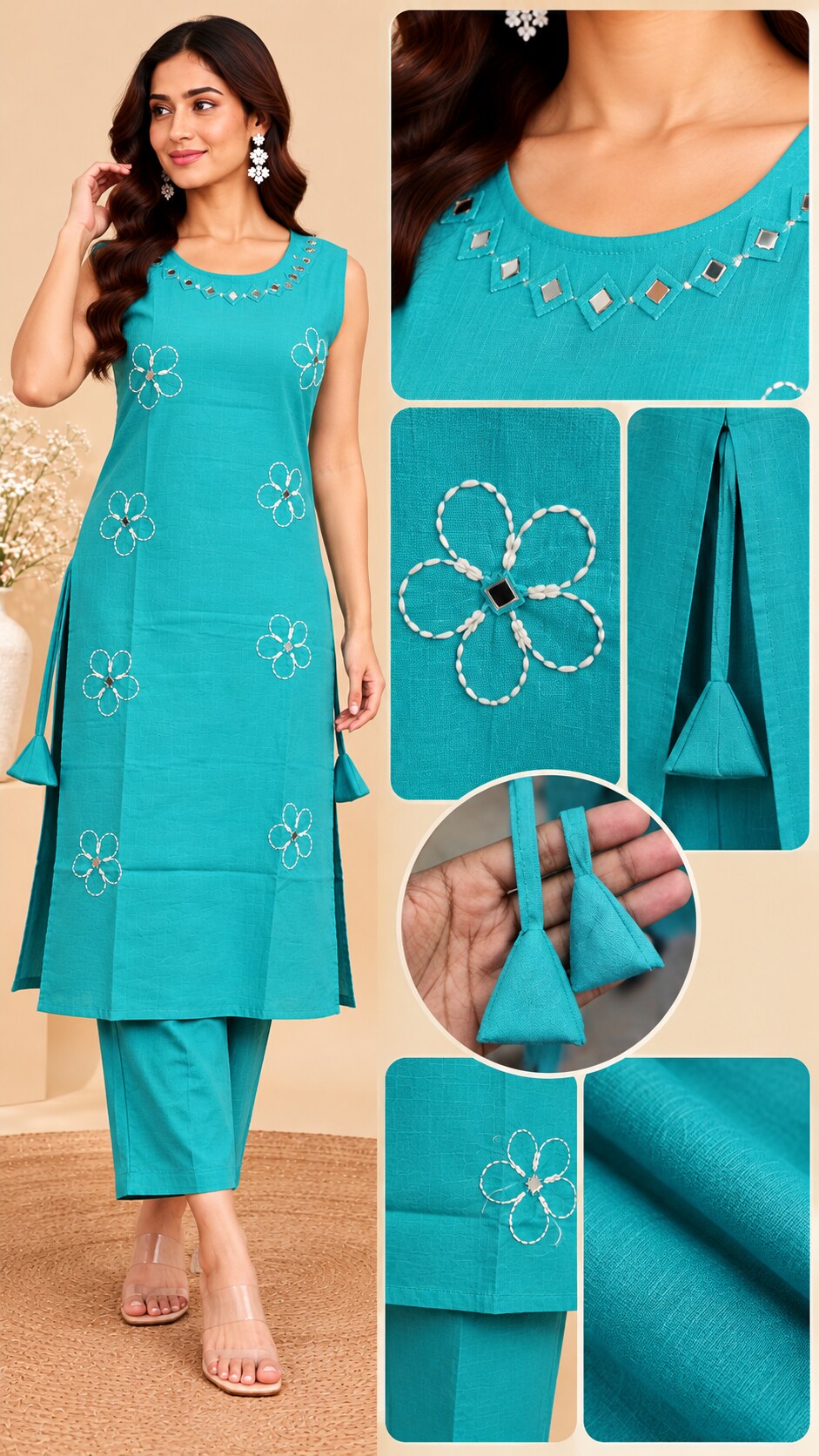 Pranika Skin Vartican Silk Straight Kurti Set with Mirror Work | Ank