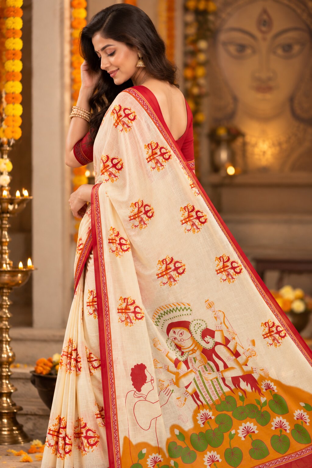 Minu | Women Durga Puja Special Saree White Malai Cotton Folk Art Printed with Red Border