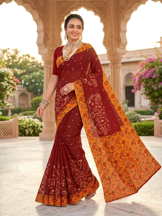 Minu fashions Printed Daily Wear Cotton Blend Saree (Maroon)