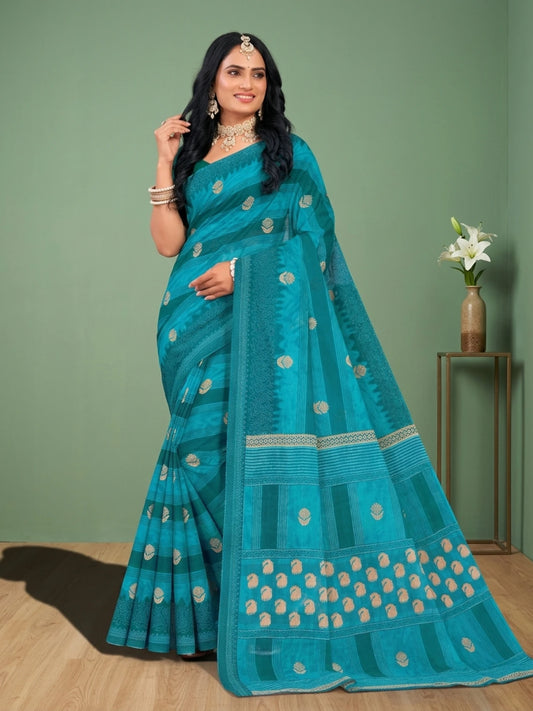 Minu fashions Printed Daily Wear Pure Cotton Saree (Dark Blue)