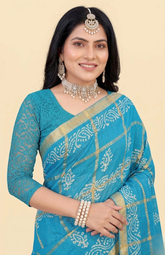 Minu fashions Printed Daily Wear Pure Cotton Saree (Blue)