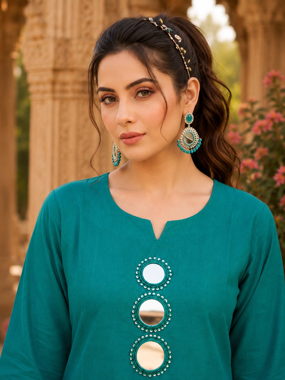 Purva Women Vartican Silk Straight Cut Kurti Set with Palazzo | Mirror & Beads Work | Women's Ethnic Wear