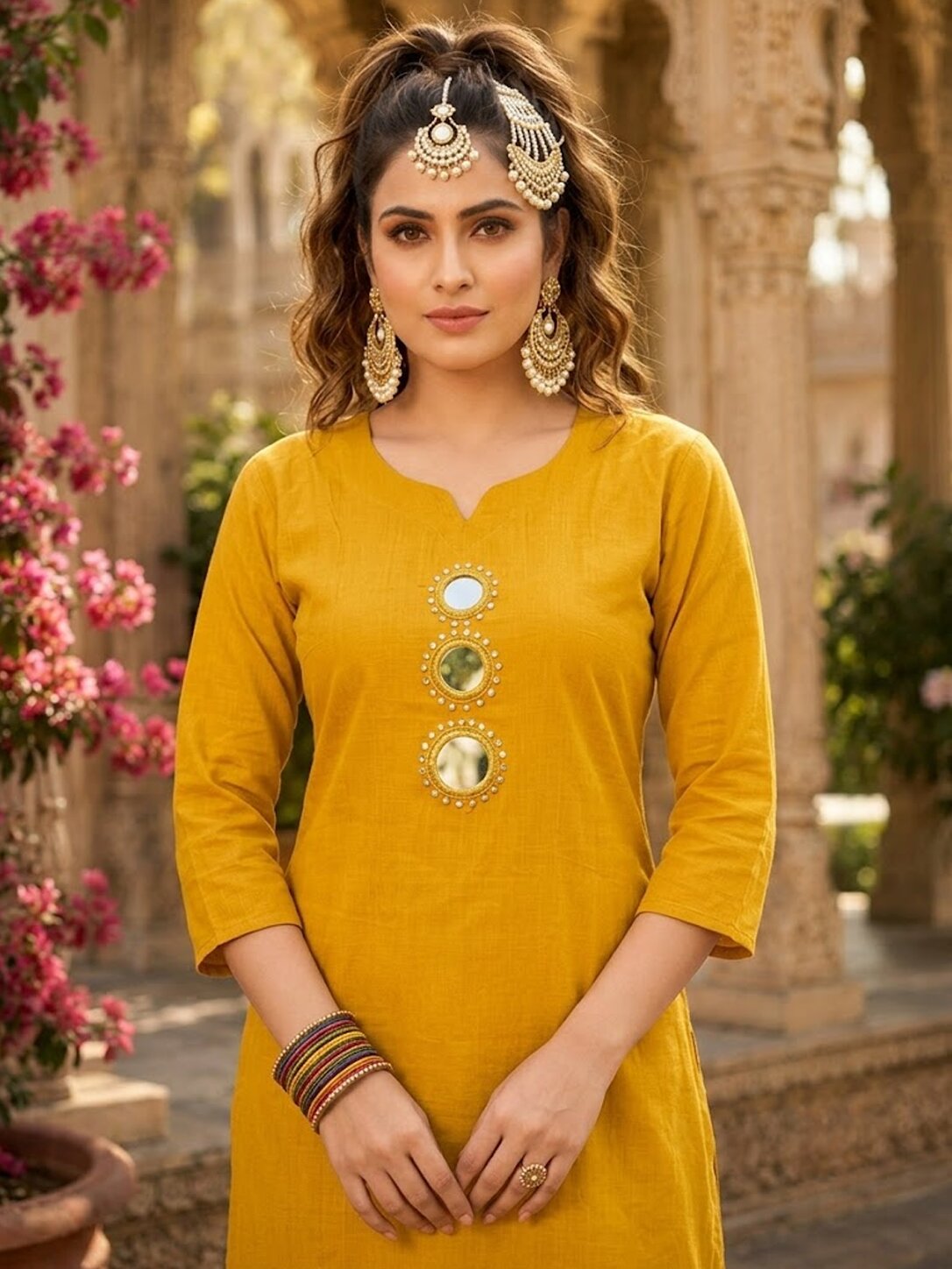 Purva Women Vartican Silk Straight Cut Kurti Set with Palazzo | Mirror & Beads Work | Women's Ethnic Wear