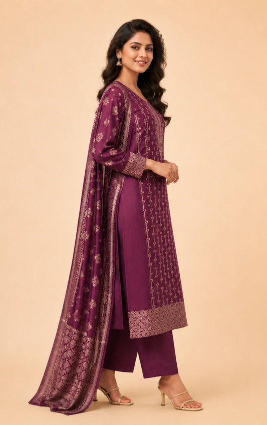 Purple Printed Pure Cotton Kurta, Pant & Dupatta Set