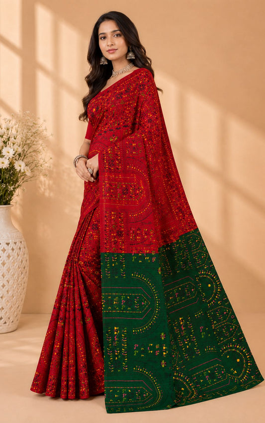 Boutique Special Red And Green Bandhani Print Saree