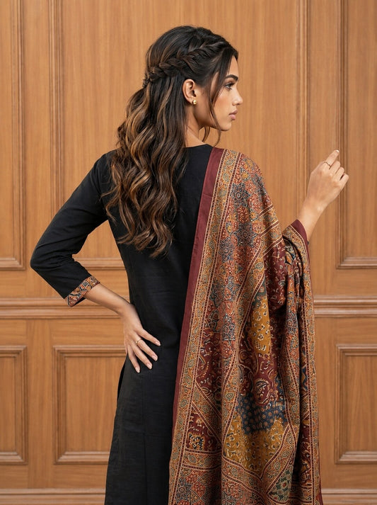 Sitara Women's Black Pure Cotton Straight Salwar Suit with Applique Work & Kalamkari Printed Dupatta| Ank
