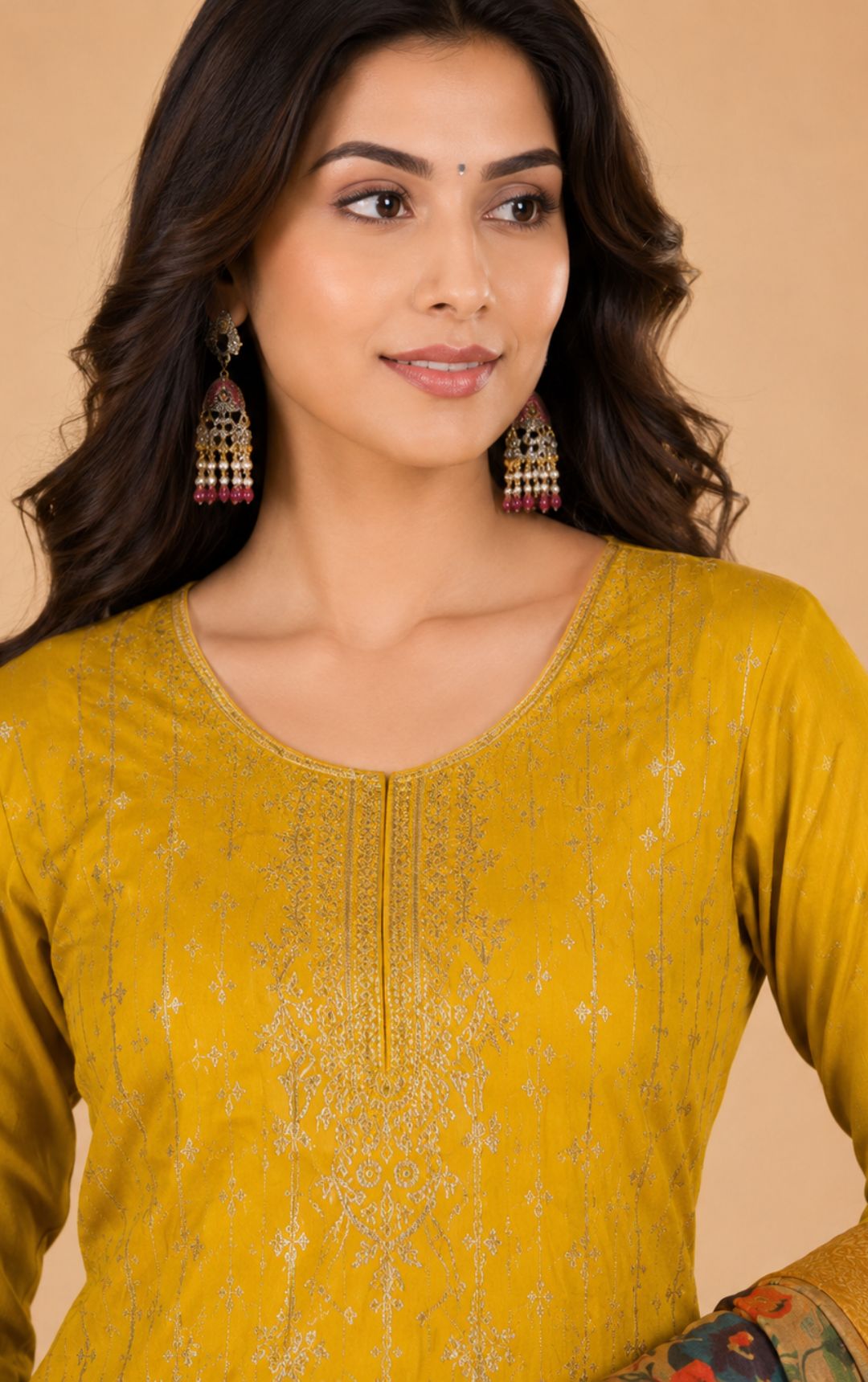Celebrity Women Chanderi Zari Work Kurta with Round Neck, Three-Quarter Sleeves, Salwar with Elasticated Waistband & Floral Printed Dupatta Set | Ank