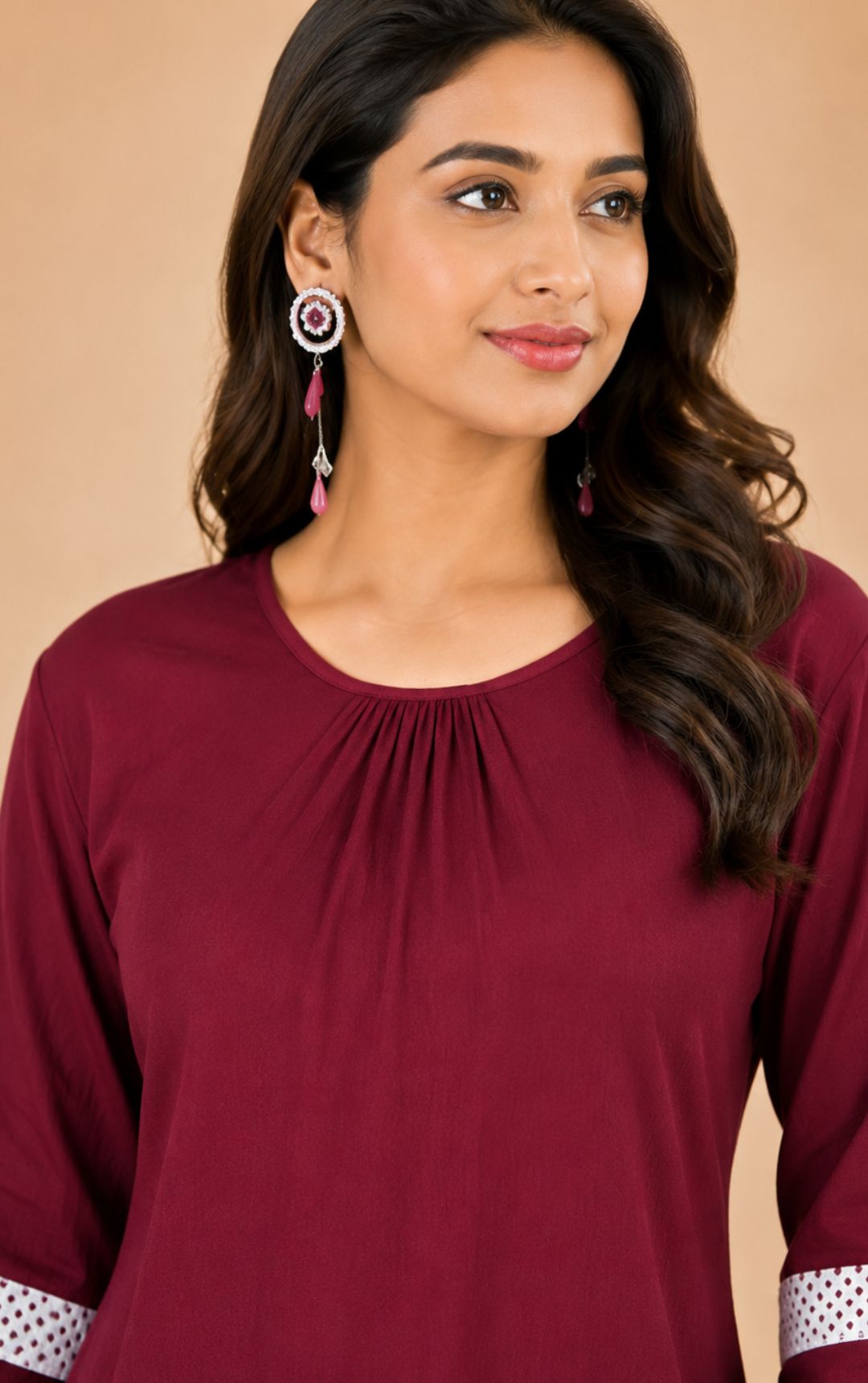 Minu Women Maroon Rayon Gathered-Neck Tunic Top with Lace Detail Sleeves | Round Neck, 3/4 Sleeve Regular Fit Top | Soft & Breathable Fabric For Stylish Daily, Office & Casual Wear