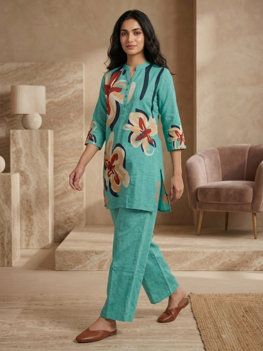 Juni Cotton Slub Digital Print Co-Ord Set for Women