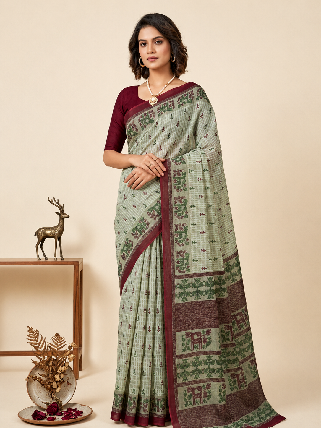 Minu fashions Printed Daily Wear Pure Cotton Saree (Grey)