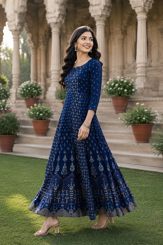 Minu fashions Women Printed Cotton Blend Straight Kurta (Blue)
