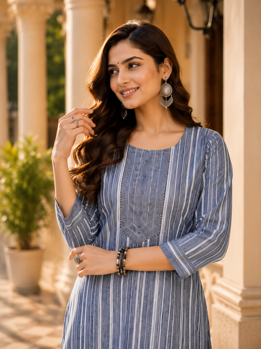 Sparkle Combo Cotton Stripe Kurti Set 1004 Blue
