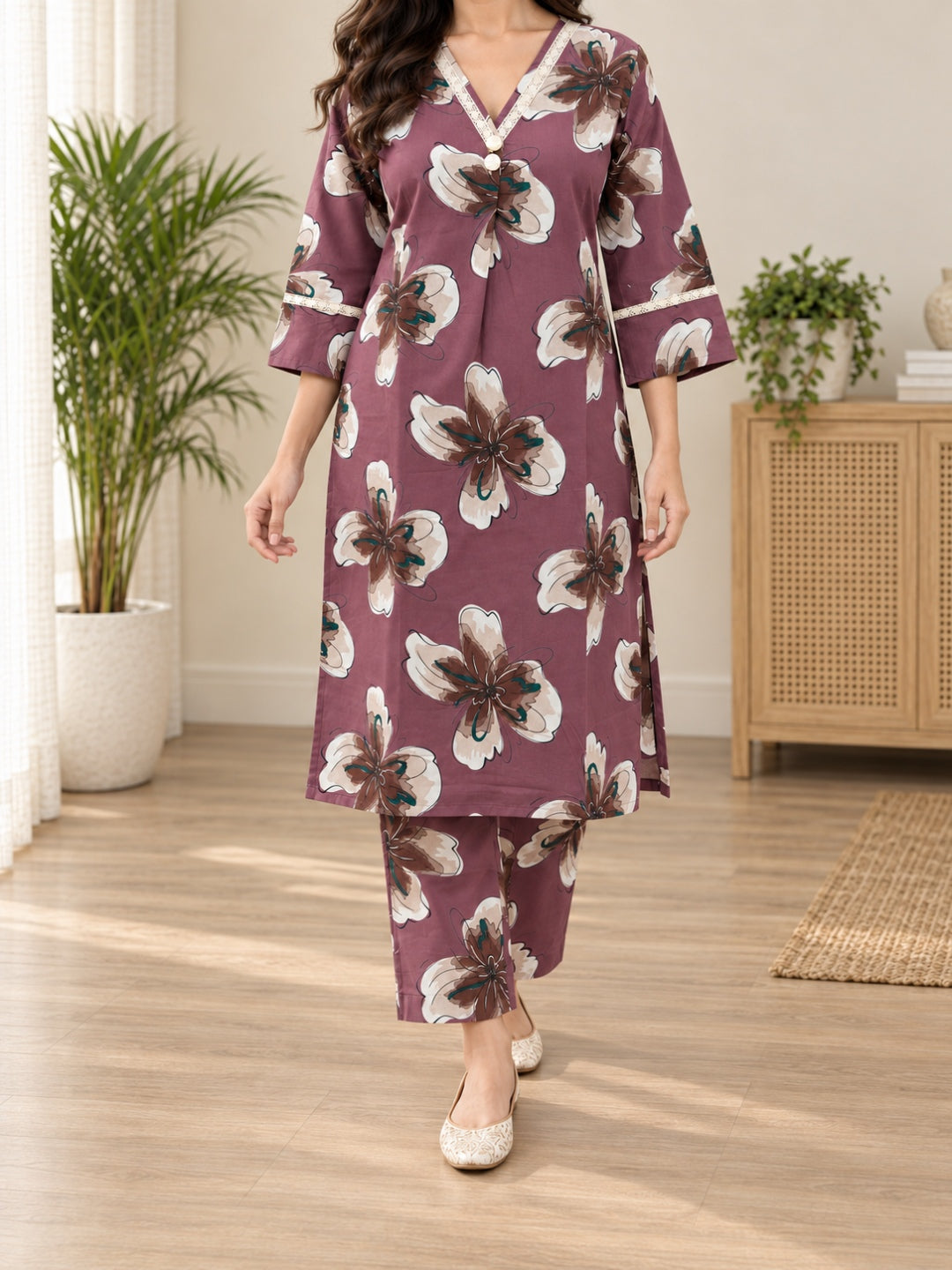 Anouk Luna Dusty Rose Pure Cotton Digital Print Co-Ord Set for Women | V Neck Lace Work Straight Fit Top with Elasticated Waist Trouser