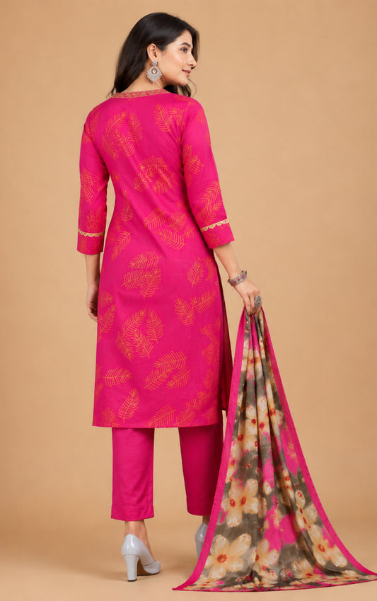 Emilia Women Floral Printed Modal Kurta with V-Neck and Three-Quarter Sleeves, Plain Salwar with Elasticated Waistband and Modal Dupatta Ethnic Set