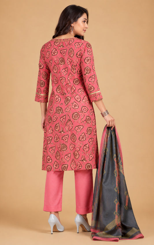 Emilia Women Floral Printed Modal Kurta with V-Neck and Three-Quarter Sleeves, Plain Salwar with Elasticated Waistband and Modal Dupatta Ethnic Set