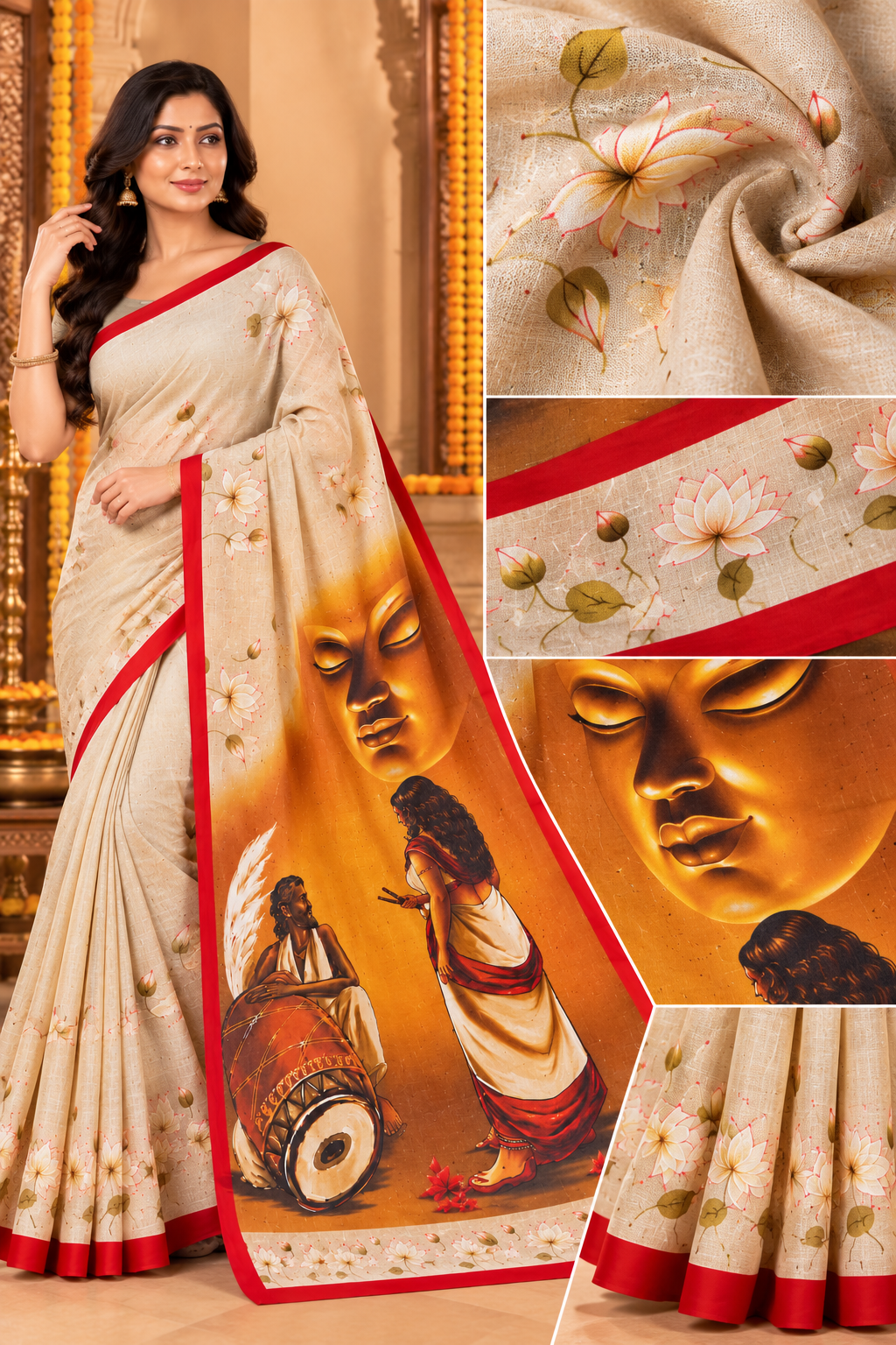 Minu | Puja Special Women Multicolor Floral Printed Saree with Red Border