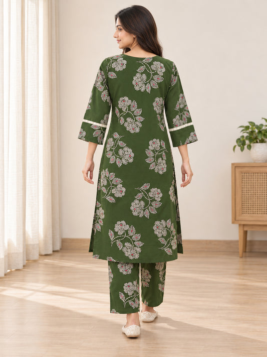Anouk Luna Forest Green Pure Cotton Digital Print Co-Ord Set for Women | V Neck Lace Work Straight Fit Top with Elasticated Waist Trouser