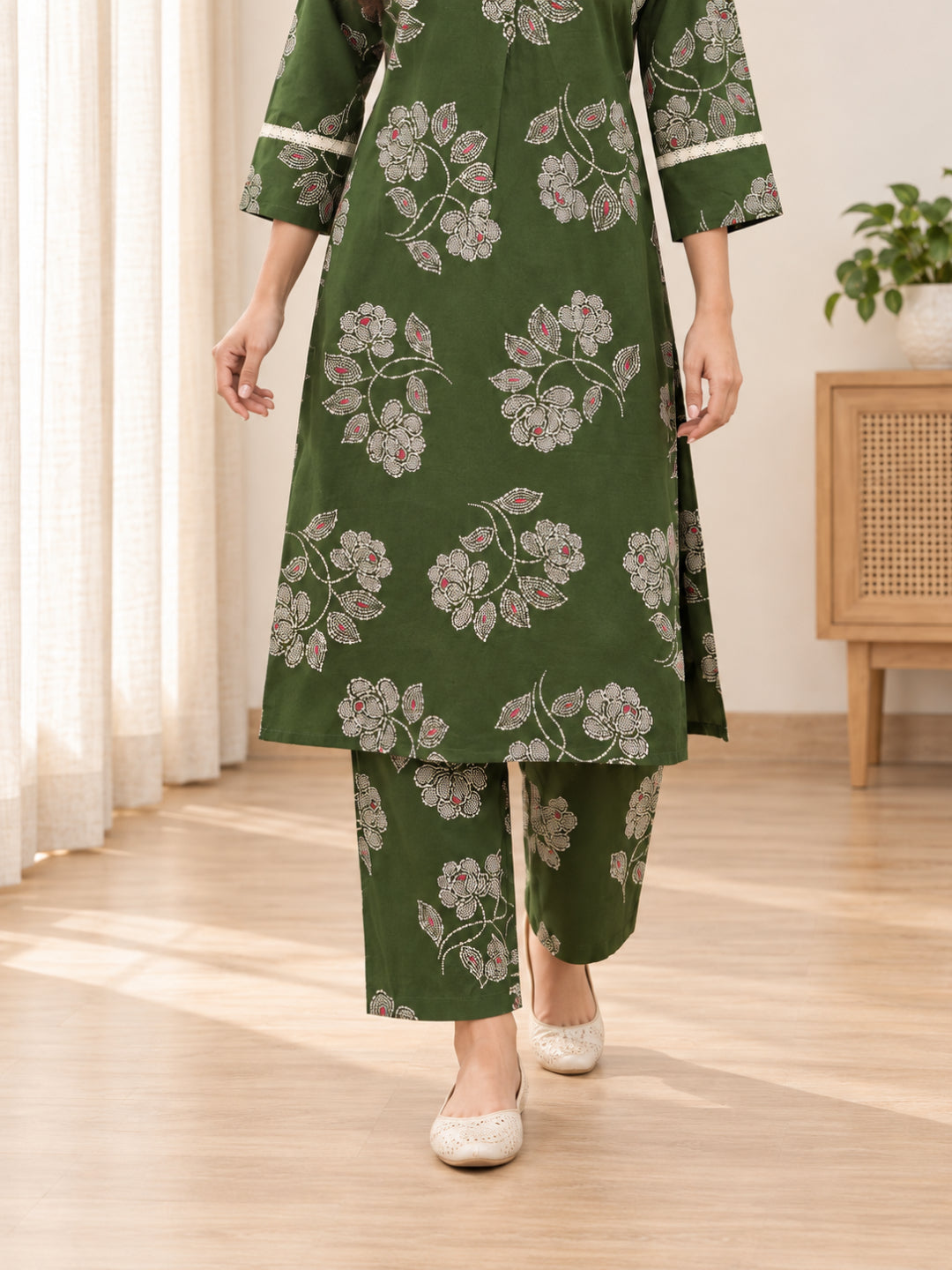 Anouk Luna Forest Green Pure Cotton Digital Print Co-Ord Set for Women | V Neck Lace Work Straight Fit Top with Elasticated Waist Trouser