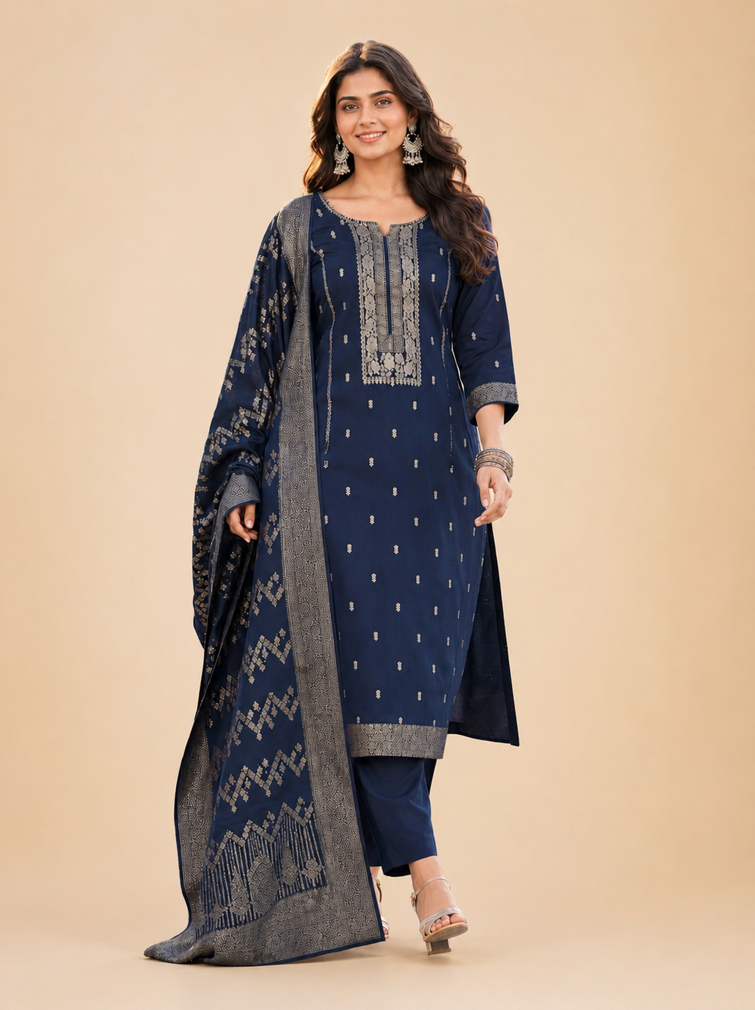Women's Navy Blue Pure Cotton Woven Design Kurta with Trousers & Dupatta