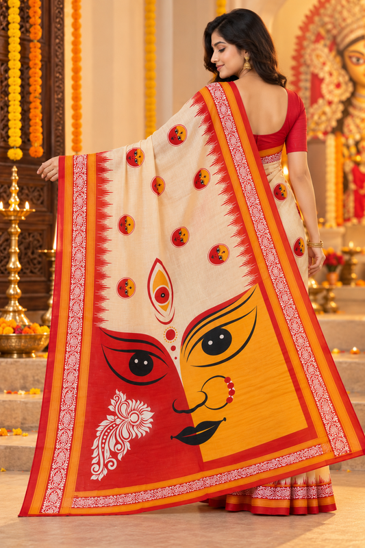 Minu | Puja Special Women Multicolor Printed Saree with Goddess Face Print & Contrast Border