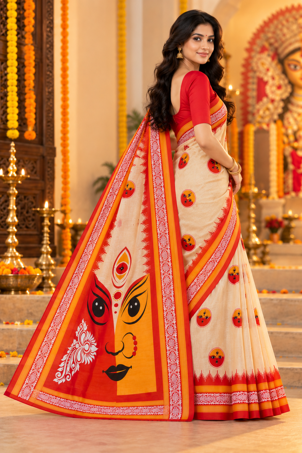 Minu | Puja Special Women Multicolor Printed Saree with Goddess Face Print & Contrast Border