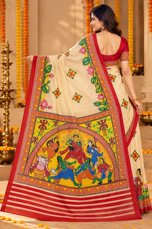 Minu | Puja Special Women Multicolor Printed Saree with Traditional Floral Border & Festive Pallu