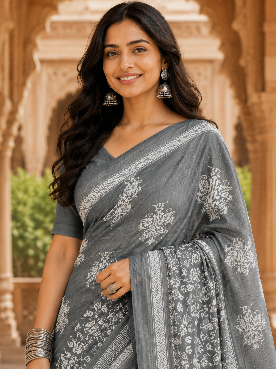 Women’s Pure Cotton Gray Floral Saree