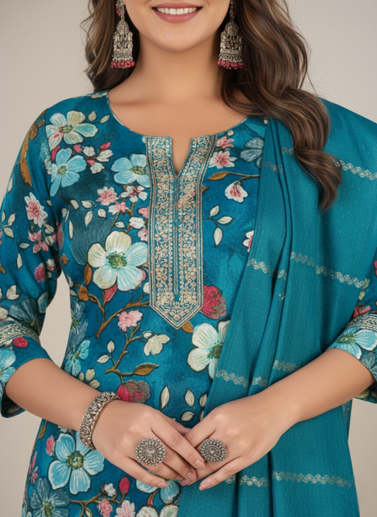 Shloka Chanderi Printed Stitched Salwar Suit 44" Teal Green