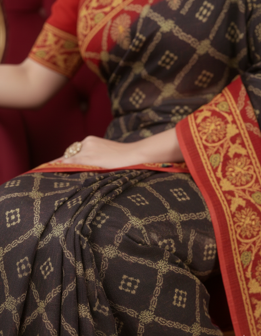 Ulta Chasma Cotton Printed Saree Black-Red
