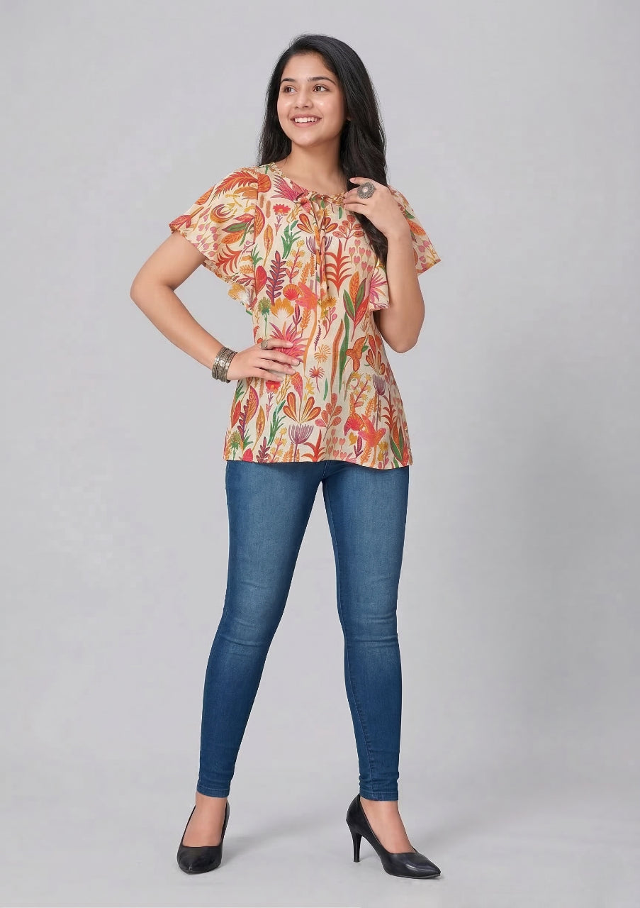 Woman wearing a colorful floral top and blue jeans on a gray background