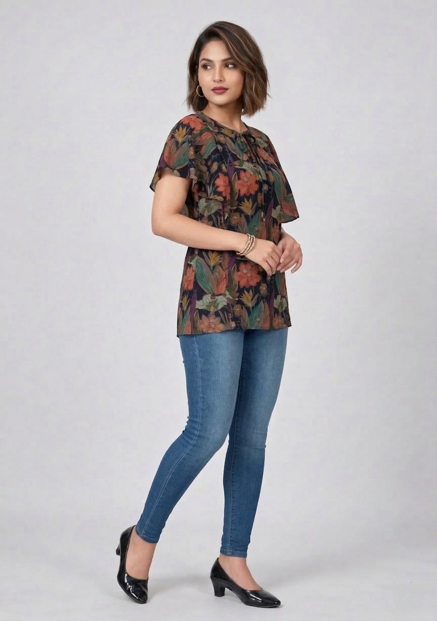 Woman wearing a floral top and blue jeans on a white background