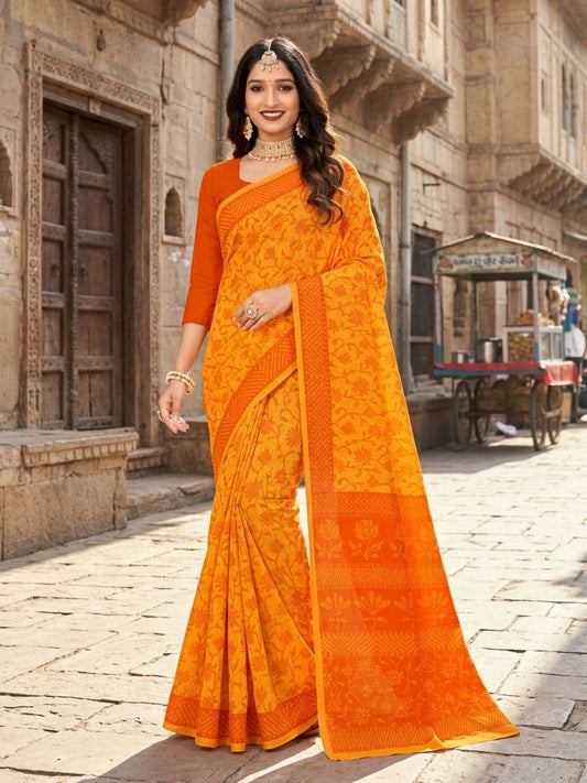 Malang 61 Pure Cotton Printed Daily Wear Saree – Orange