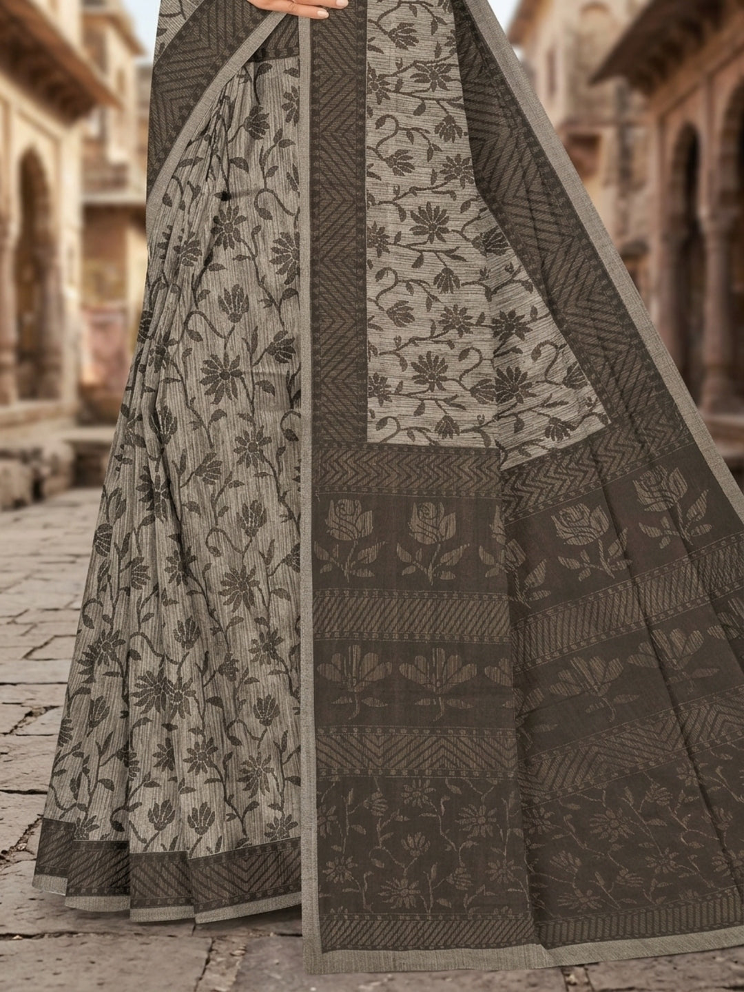 Malang 61 Pure Cotton Printed Daily Wear Saree – Grey