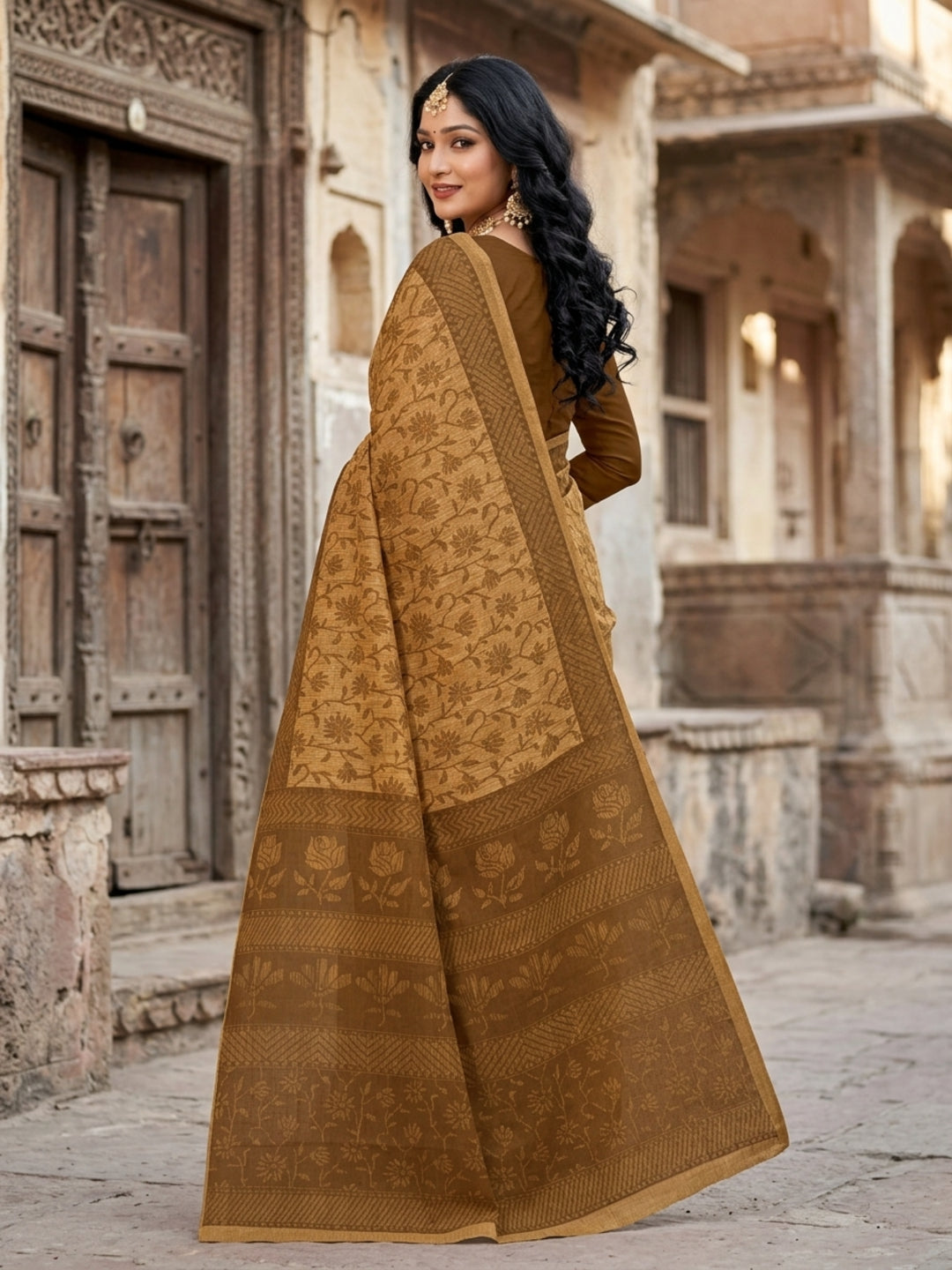 Malang 61 Pure Cotton Printed Daily Wear Saree – Beige