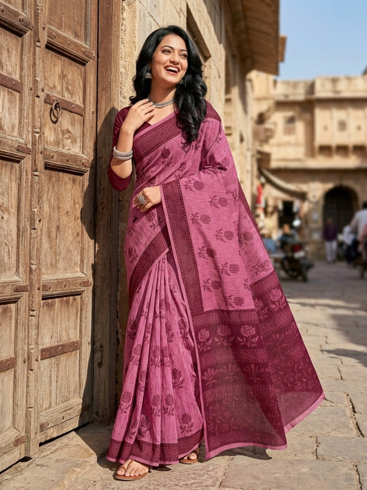 Malang 61 Pure Cotton Printed Daily Wear Saree – Purple