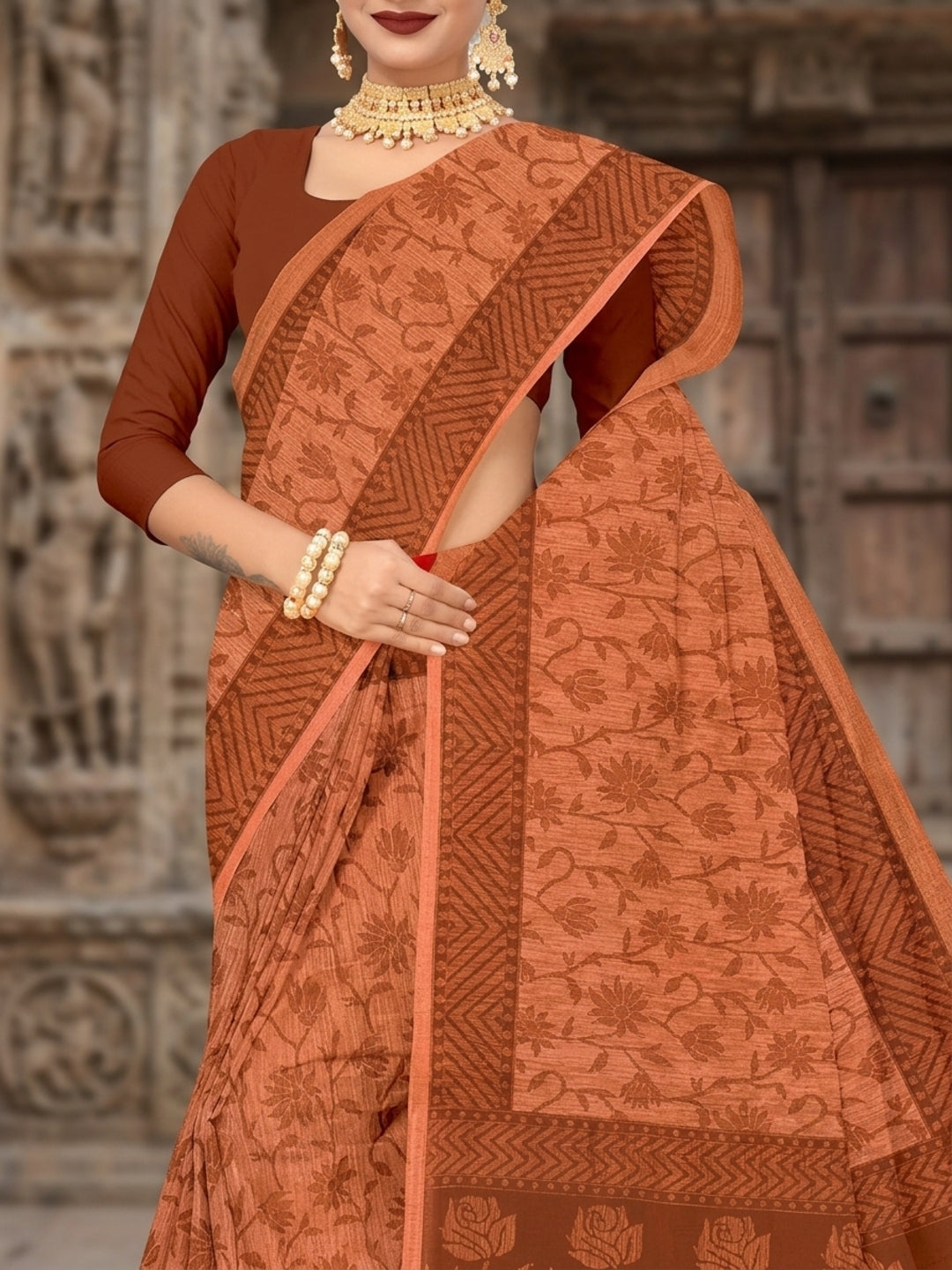 Malang 61 Pure Cotton Printed Daily Wear Saree – Copper Brown