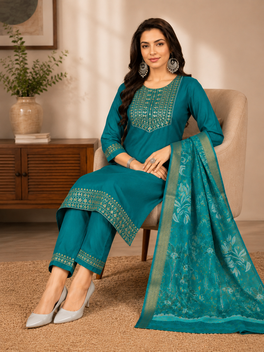 Minu Fashions Women Salwar Suit with Digital Floral Print Chanderi Dupatta