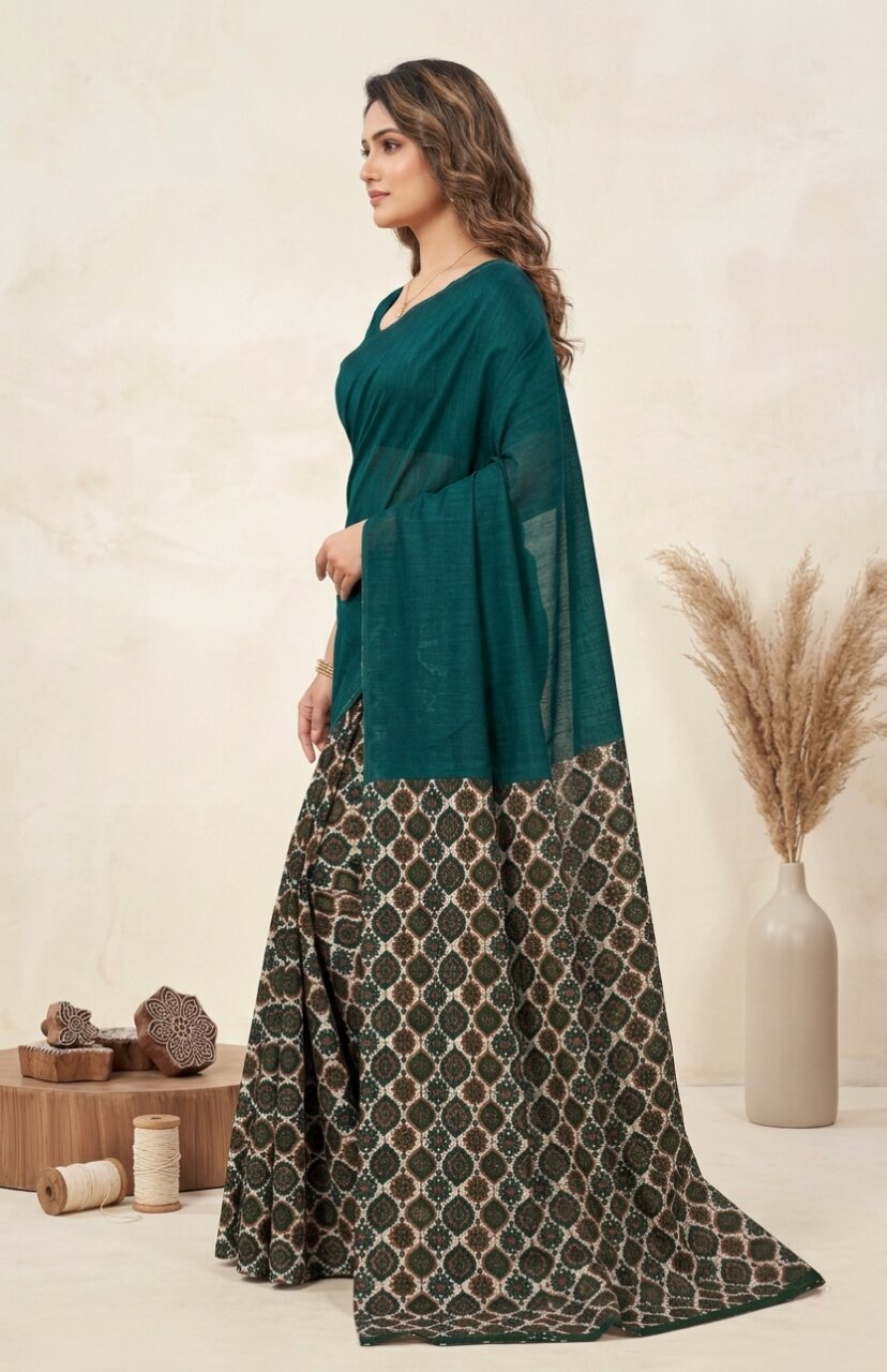 Raasa Ajrakh Pure Cotton Half-Half Printed Daily Wear Saree