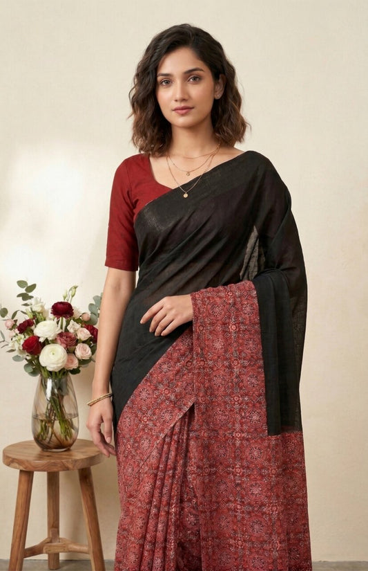 Raasa Ajrakh Pure Cotton Half-Half Printed Daily Wear Saree