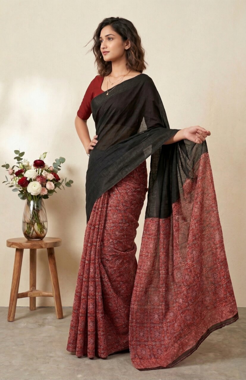 Raasa Ajrakh Pure Cotton Half-Half Printed Daily Wear Saree