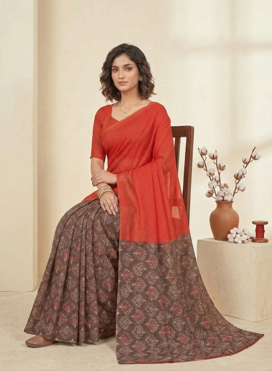Saachi V- Pure Cotton Half-Half Printed Daily Wear Saree