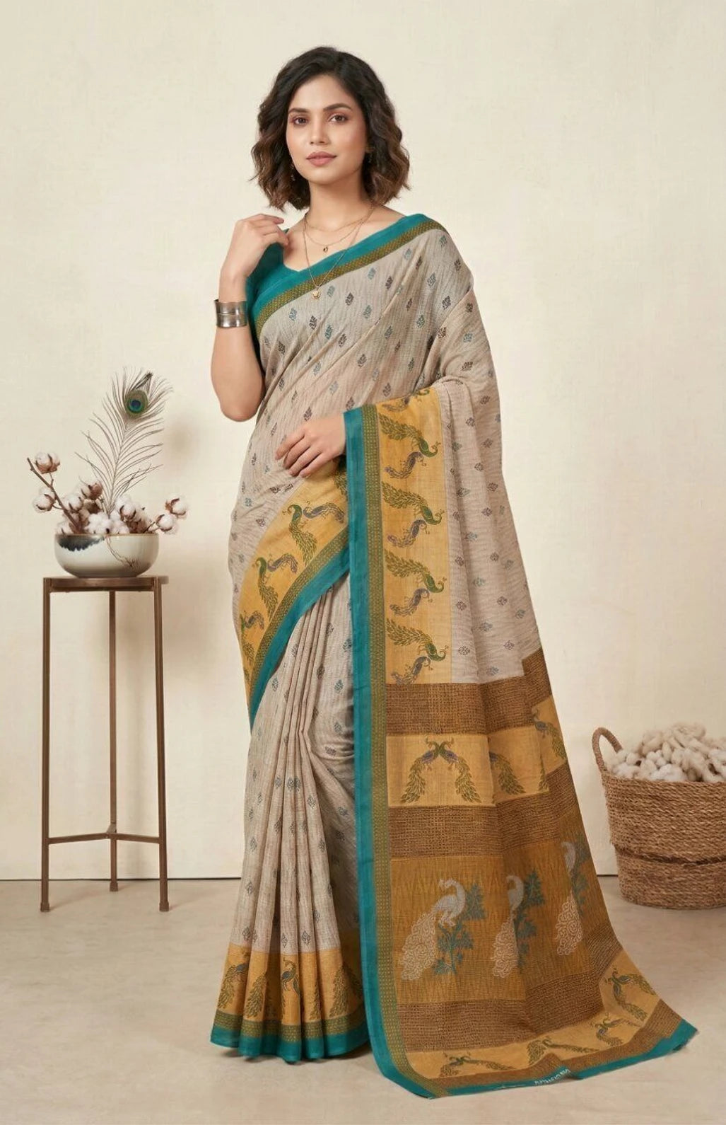 Minu Fashions Jiva Beige & Teal Cotton Linen Peacock Print Saree