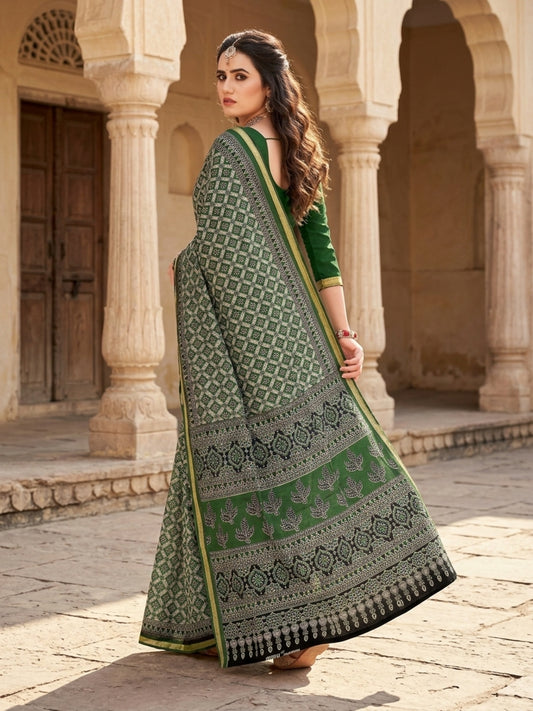 Minu Fashions Kanishka Green Pure Cotton Ajrakh Printed Saree with Gold Zari Border