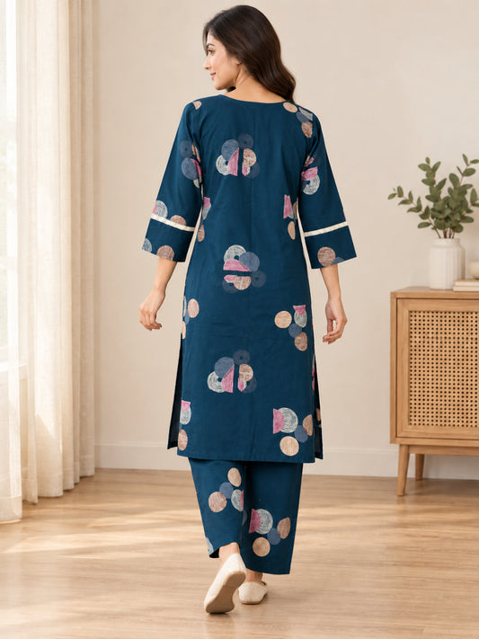 Anouk Luna Navy Blue Pure Cotton Digital Print Co-Ord Set for Women | V Neck Lace Work Straight Fit Top with Elasticated Waist Trouser