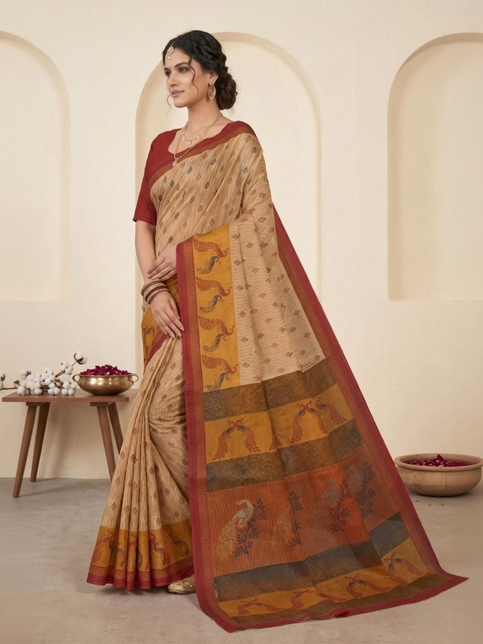 F Jiva Beige & Maroon Cotton Linen Peacock Print Saree