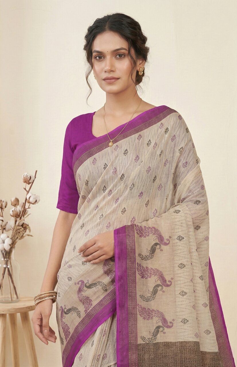 Jiva Beige & Purple Cotton Linen Peacock Print Saree