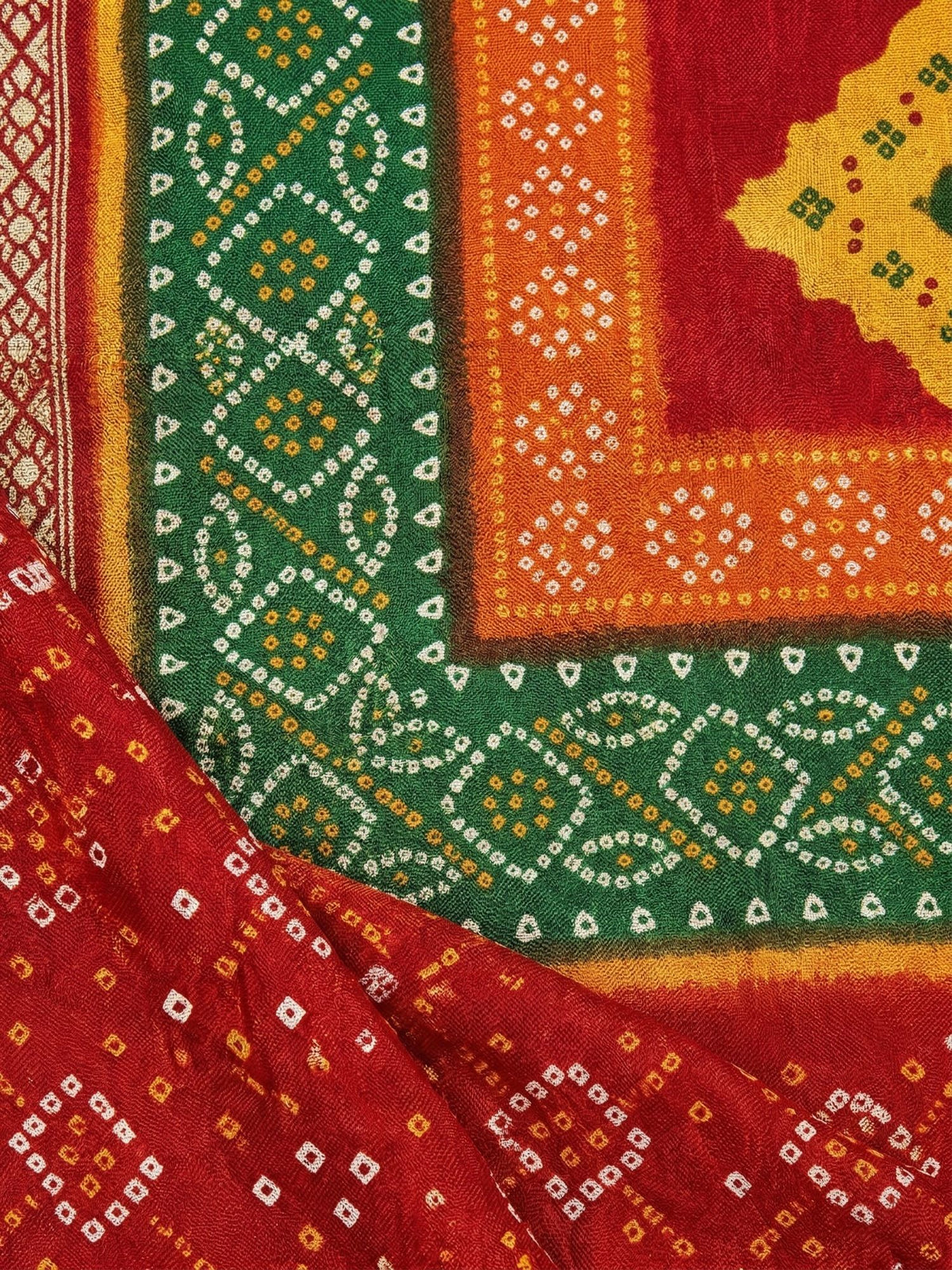 Mandakini Chunari Red, Green & Orange Multi-Color Bandhani Gharchola Saree
