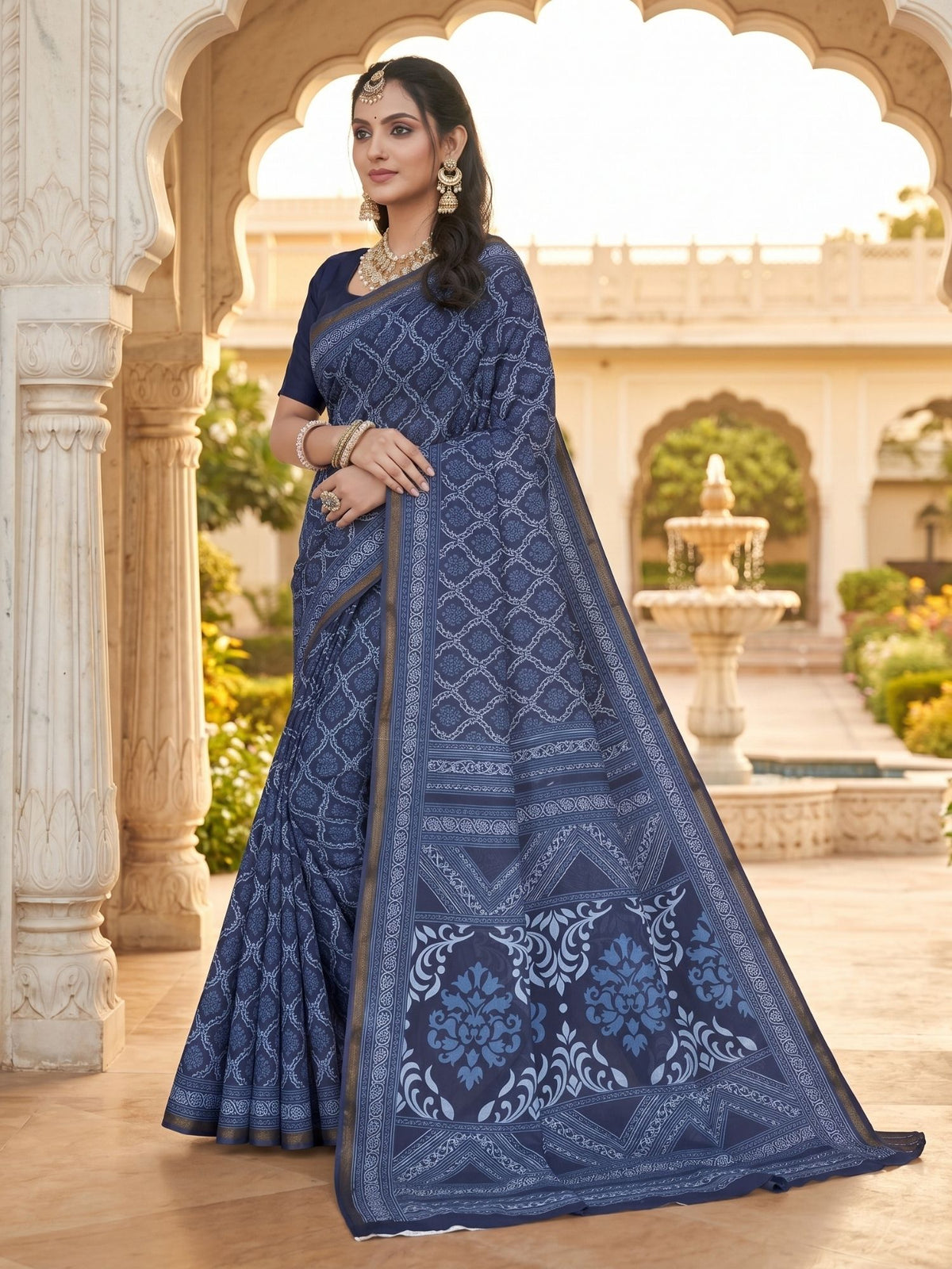 Ishani Border Dark Blue Indigo Cotton Saree