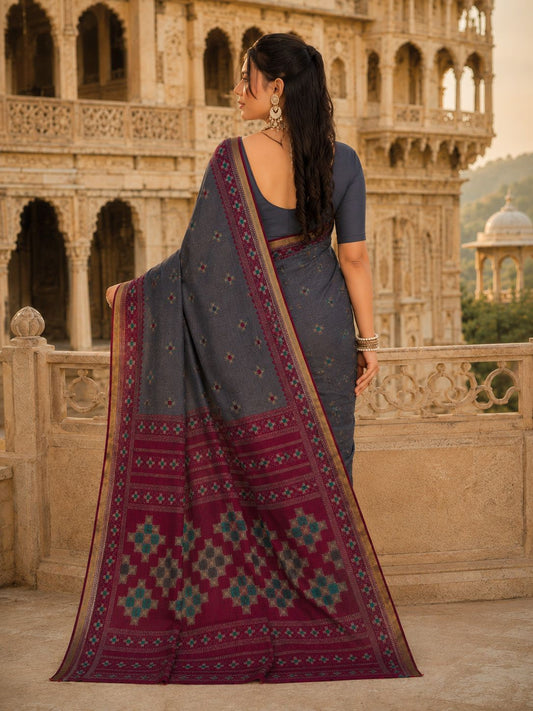 Minu Fashions Women's Grey Ethnic Motif Woven Saree with Contrast Maroon Border & Zari