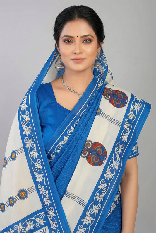 Baishakhi Premium Cotton Printed Saree Blue Soft Cotton Saree